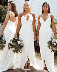 Simple White Bridesmaid Dresses V Neck Sleeveless Boho Wedding Guest Dress