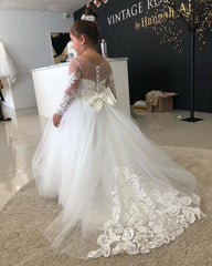 White Lace Tulle Flower Girl Dresses Long Sleeves with Bowknot