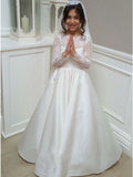 A Line Long Sleeves Lace Satin White Flower Girl Dresses