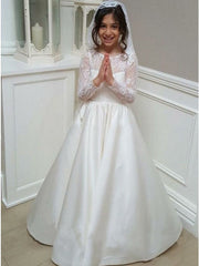 A Line Long Sleeves Lace Satin White Flower Girl Dresses