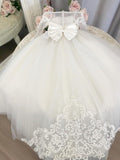 White Lace Tulle Flower Girl Dresses Long Sleeves with Bowknot