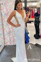 Shiny Sequin Prom Dresses Iridescent White Long V-Neck Mermaid Evening Dress