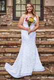 Hot Sequin Evening Dresses White Iridescent Mermaid V Neck Cheap Prom Dress