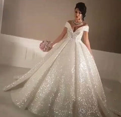 Gorgeous 2024 Sequin Wedding Dresses White A Line Off the Shoulder Bridal Gown