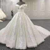Gorgeous Sequin Wedding Dresses White A Line Off the Shoulder Bridal Gown