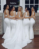 White Satin Bridesmaid Dresses Mermaid Square Floor Length Wedding Guest Dress