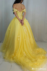 Yellow Lace Prom Dresses Tulle Appliques Long Party Dresses UK