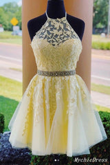 Short ivory Halter Prom Dresses Lace A Line Mini Homecoming Dresses