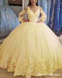 Ball Gown Lace Yellow Quince Dresses Cheap Long Sleeves Tulle Sweet 16 Dress